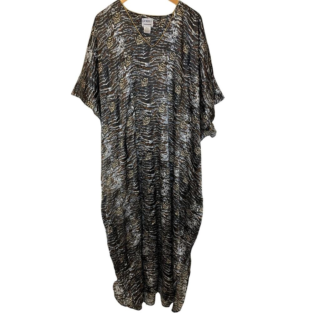 VTG Luxell Intimates Boho Animal Print Silky Long Mumu Nightgown House Dress OS